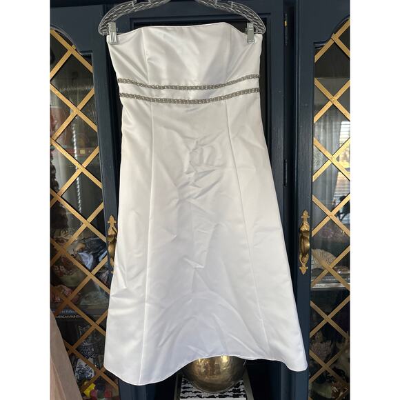 Jessica McClintock White Satin Strapless Rhinestone A-Line Midi Bridal Dress 10 - Picture 2 of 8